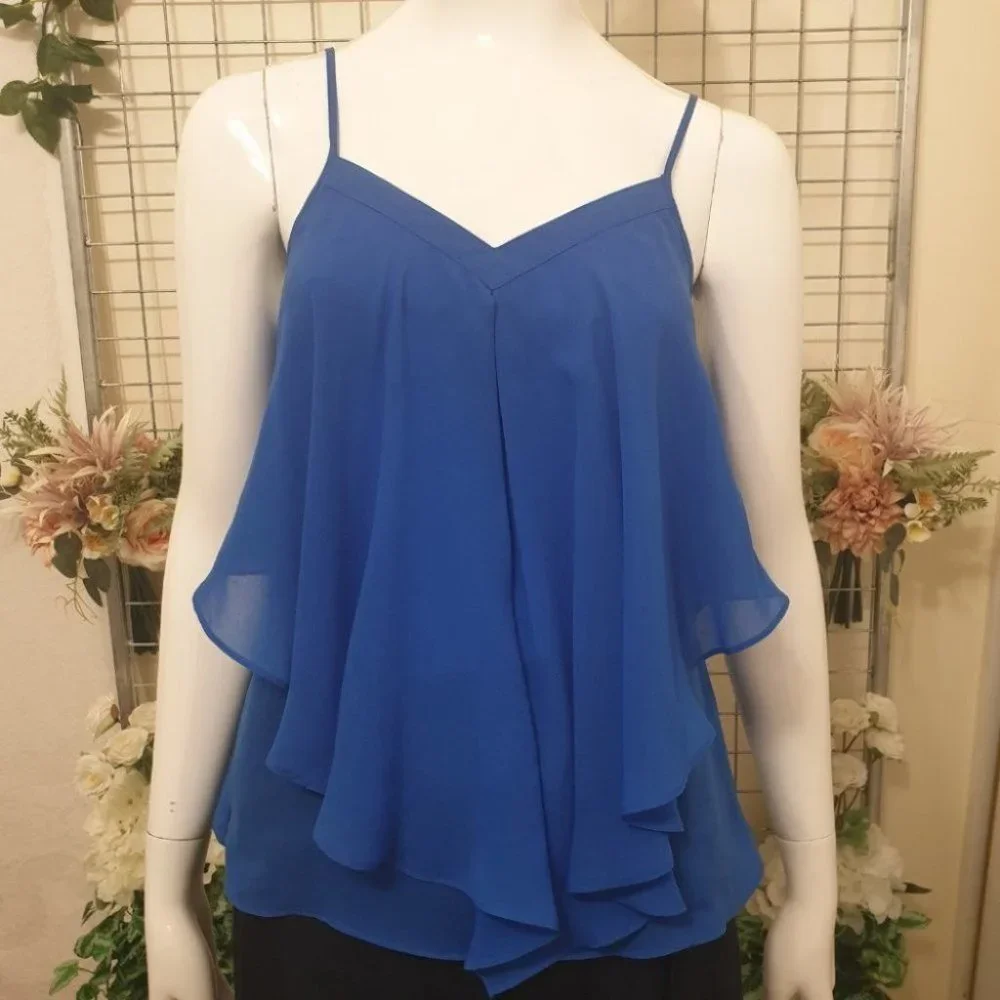 FOREVER NEW Blue V-Neck Layered Flowy Top AU-8 w/ Adjustable Spaghetti Straps - Picture 6 of 15